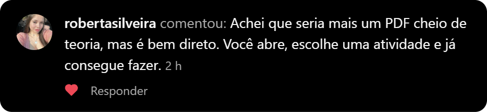 Comentário no Instagram dizendo que o material é direto, sem excesso de teoria