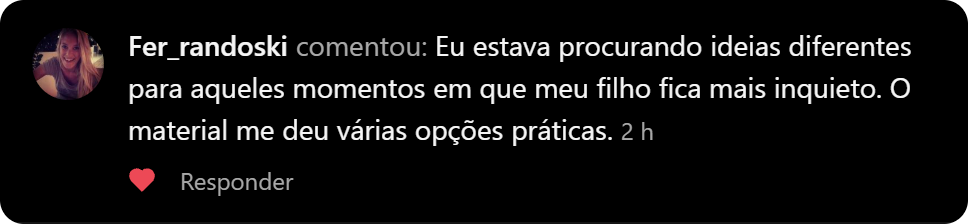 Comentário no Instagram sobre opções práticas para momentos de inquietação