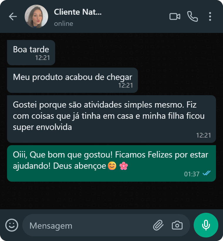 Depoimento no WhatsApp elogiando a simplicidade das atividades sensoriais