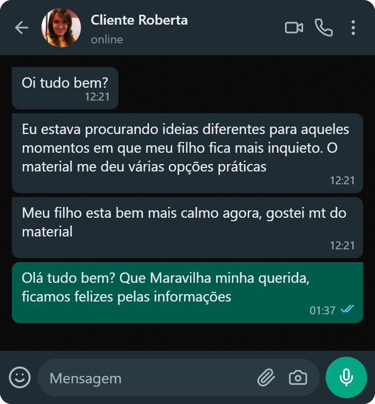 Depoimento no WhatsApp contando que o filho ficou mais calmo