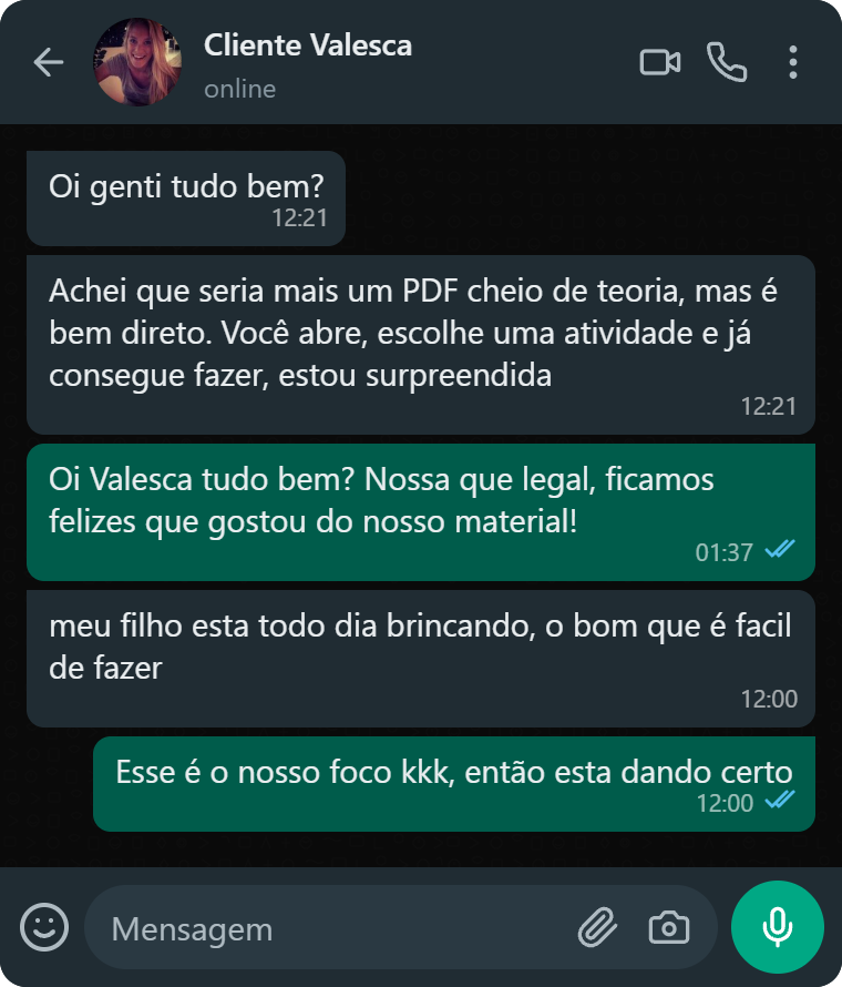 Depoimento no WhatsApp dizendo que o material é direto e fácil de usar