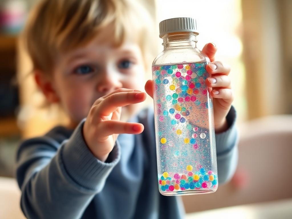 Criança segurando e observando uma garrafa sensorial com glitter e miçangas