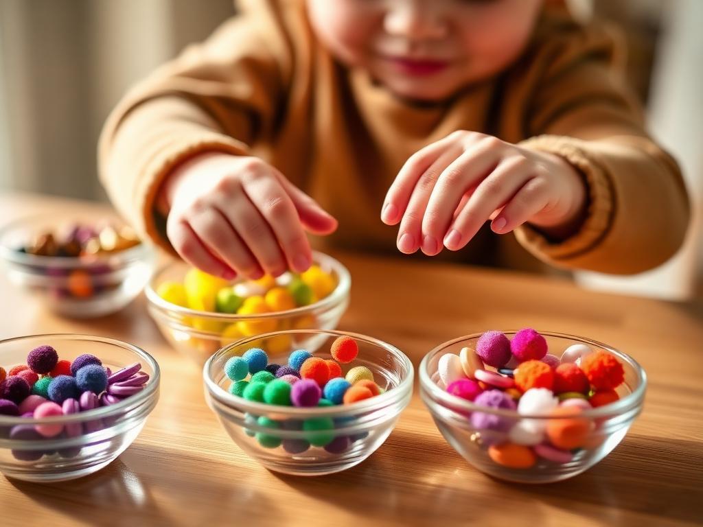 Criança separando e transferindo pompons coloridos entre potinhos