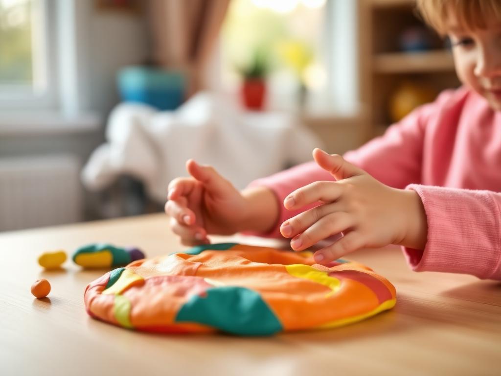 Mãos infantis apertando e modelando massinha colorida sobre a mesa